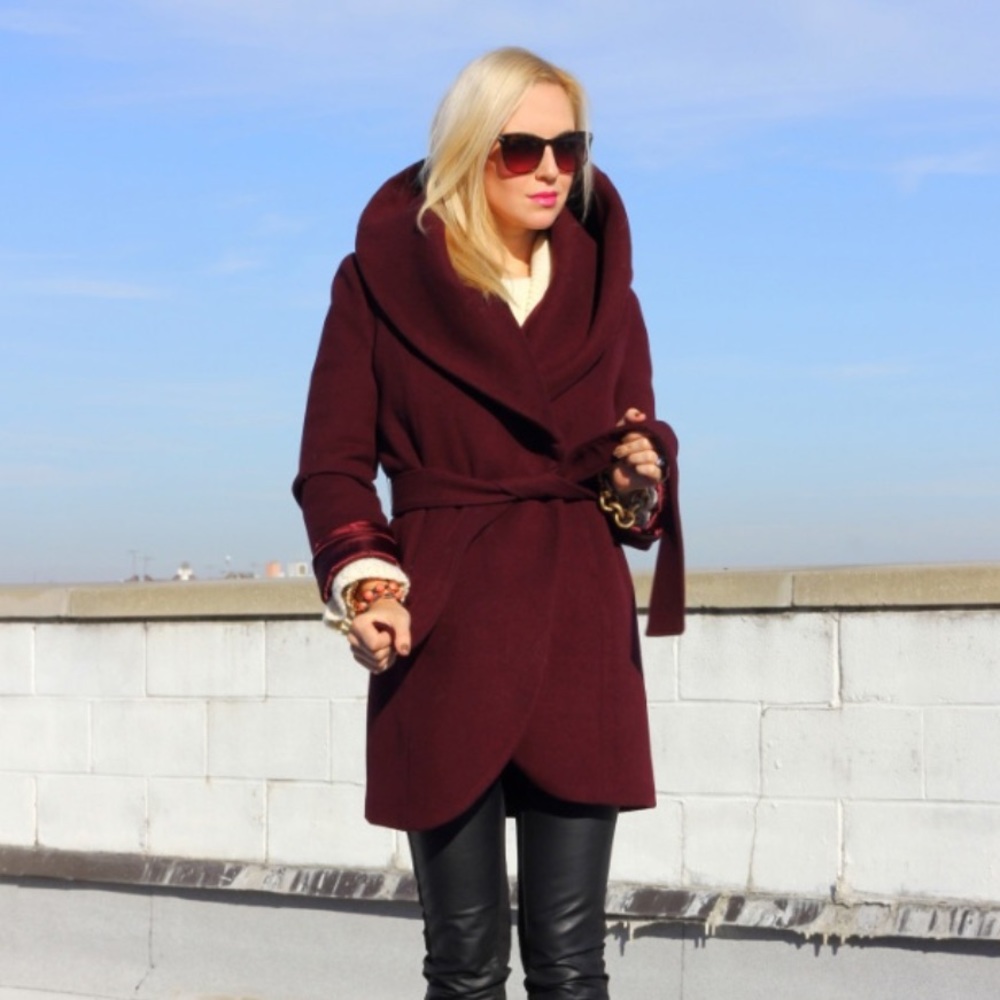 Tahari wool blend oxblood belted coat size M